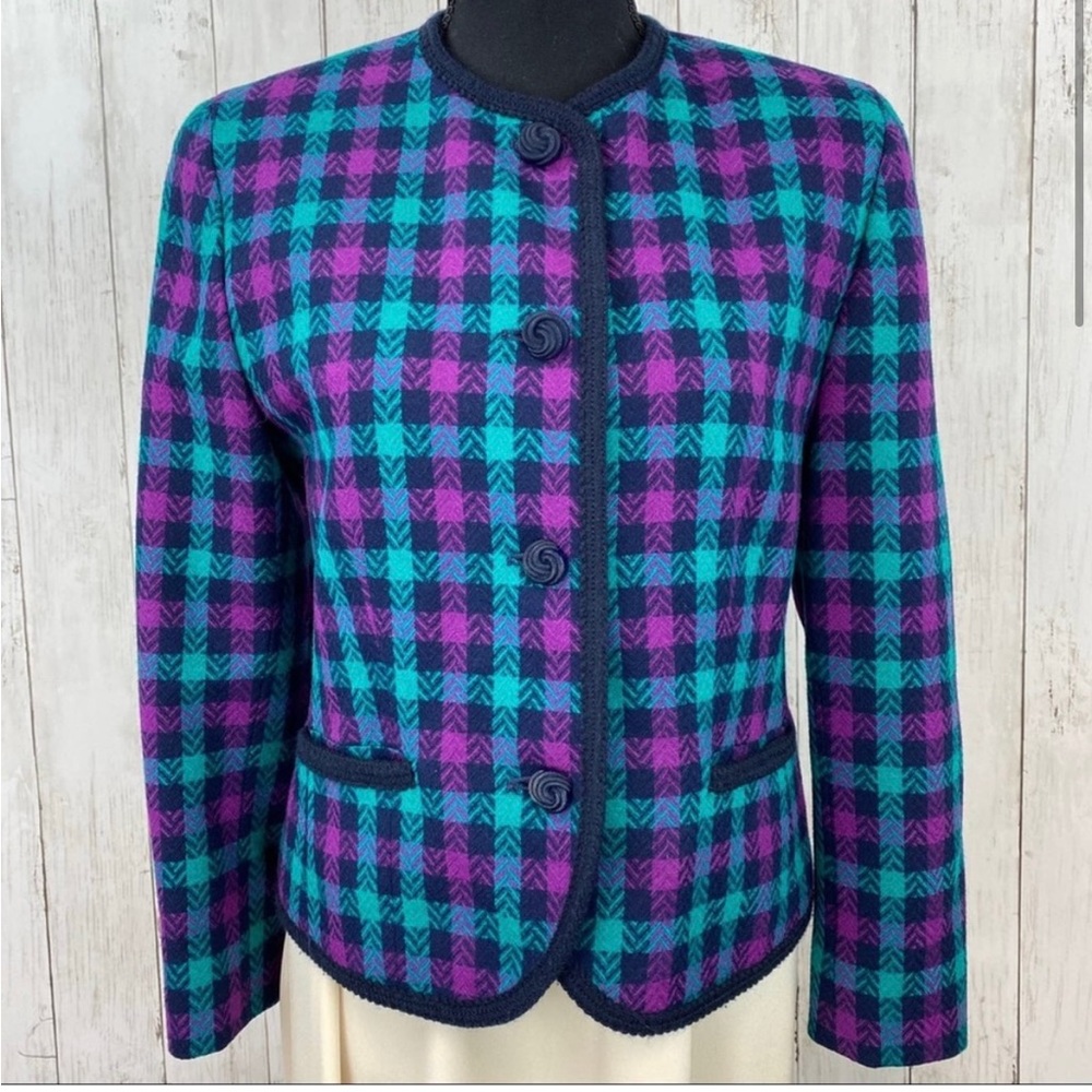 Pendleton Purple Blue Plaid Virgin Wool Tweed Blazer Jacket USA 4